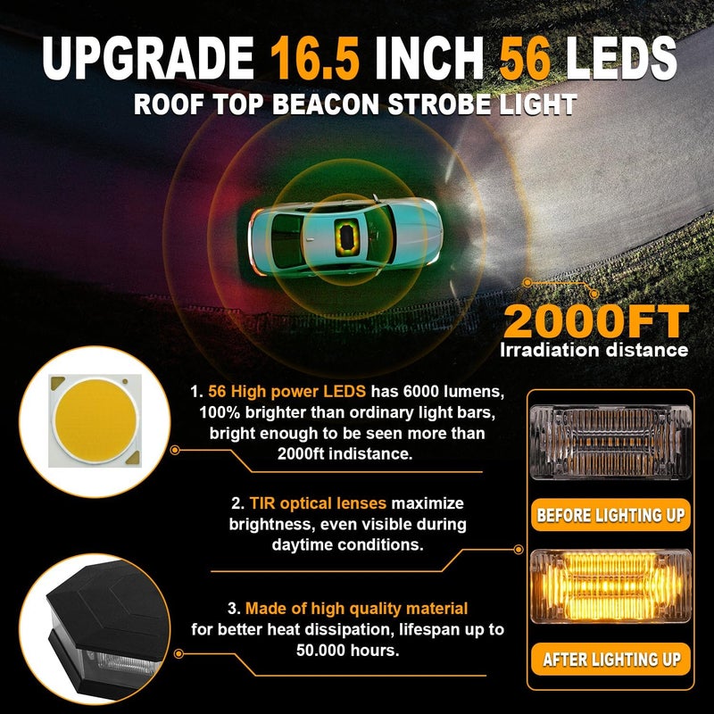 ASPL 16.5 Inch Roof Top Beacon Emergency Strobe Light 56 LED Magnetic Warning Caution lights bar Traffic Hazard Plow Light for Trucks Vehicles Construction Snowplow (Amber/Green) - Image 2